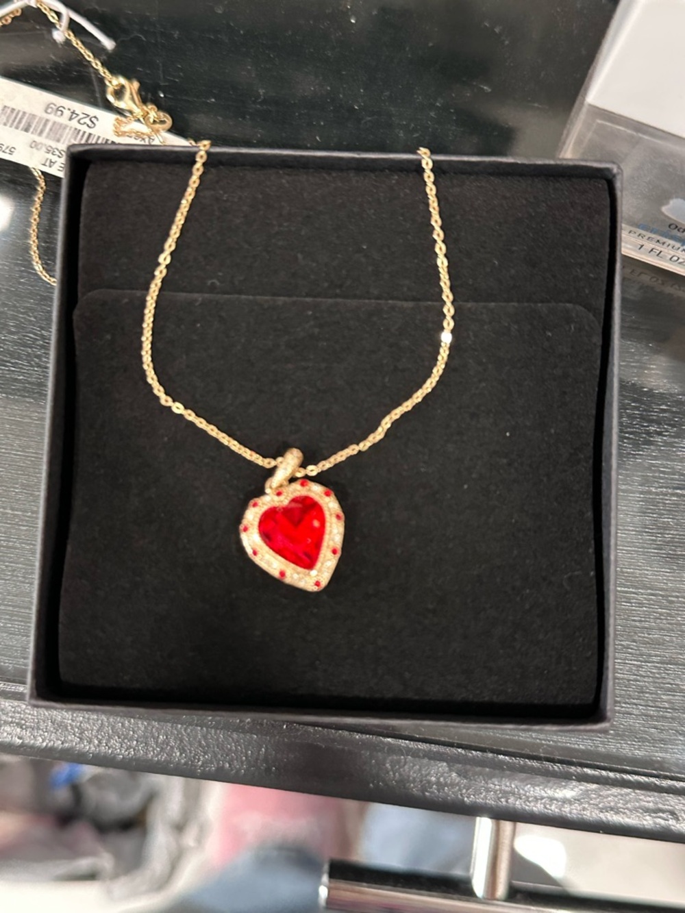 Gold Heart Pendant Necklace with Red Crystal -
